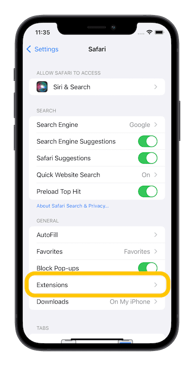Safari extension settings